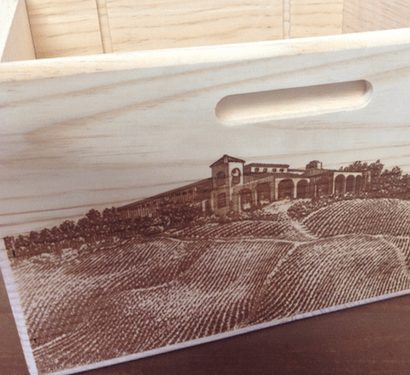 detailed laser engraved Custom Wood Branding on wooden wine box- Golden State Box Factory