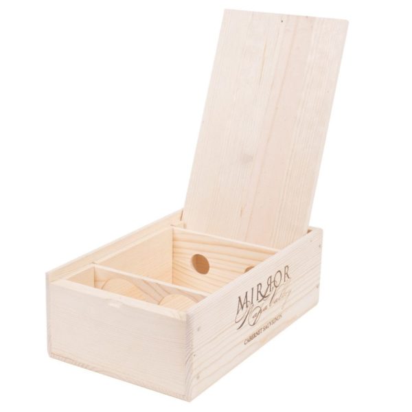Premium 2 Bottles Pinewood box with FLIP lid. USA sourced, FSC Certified Pinewood. Thickness 1/2". Pine wood Flip Lid.Nails assembly. Rounded edges . Wooden guillotine dividers. Printing: 3 (1 color) silkscreen or fire branding on Lid ( 2 sides) and Front INSIDE DIMENSIONS: 12-1/4" L x 7" W x 3-3/4" H OUTSIDE DIMENSIONS: 13-3/4' L x 8-1/2" W x 4-1/2" H