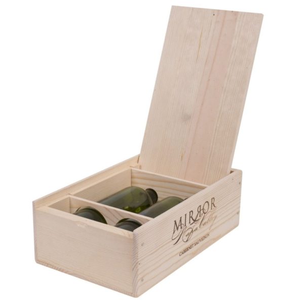 Premium 2 Bottles Pinewood box with FLIP lid. USA sourced, FSC Certified Pinewood. Thickness 1/2". Pine wood Flip Lid.Nails assembly. Rounded edges . Wooden guillotine dividers. Printing: 3 (1 color) silkscreen or fire branding on Lid ( 2 sides) and Front INSIDE DIMENSIONS: 12-1/4" L x 7" W x 3-3/4" H OUTSIDE DIMENSIONS: 13-3/4' L x 8-1/2" W x 4-1/2" H