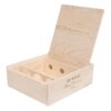 Premium 3 Bottles Pinewood box with FLIP lid. USA sourced, FSC Certified Pinewood. Thickness 1/2". Pine wood Flip Lid.Nails assembly. Rounded edges . Wooden guillotine dividers. Printing: 3 (1 color) silkscreen or fire branding on Lid ( 2 sides) and Front INSIDE DIMENSIONS: 12-1/4" L x 10-1/2" W x 3-3/4" H OUTSIDE DIMENSIONS: 13-3/4" L x 12" W x 4-1/2" H