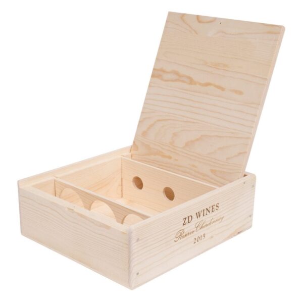 Premium 3 Bottles Pinewood box with FLIP lid. USA sourced, FSC Certified Pinewood. Thickness 1/2". Pine wood Flip Lid.Nails assembly. Rounded edges . Wooden guillotine dividers. Printing: 3 (1 color) silkscreen or fire branding on Lid ( 2 sides) and Front INSIDE DIMENSIONS: 12-1/4" L x 10-1/2" W x 3-3/4" H OUTSIDE DIMENSIONS: 13-3/4" L x 12" W x 4-1/2" H