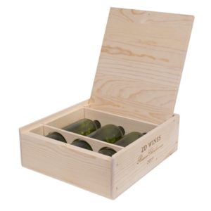 Premium 3 Bottles Pinewood box with FLIP lid. USA sourced, FSC Certified Pinewood. Thickness 1/2". Pine wood Flip Lid.Nails assembly. Rounded edges . Wooden guillotine dividers. Printing: 3 (1 color) silkscreen or fire branding on Lid ( 2 sides) and Front INSIDE DIMENSIONS: 12-1/4" L x 10-1/2" W x 3-3/4" H OUTSIDE DIMENSIONS: 13-3/4" L x 12" W x 4-1/2" H