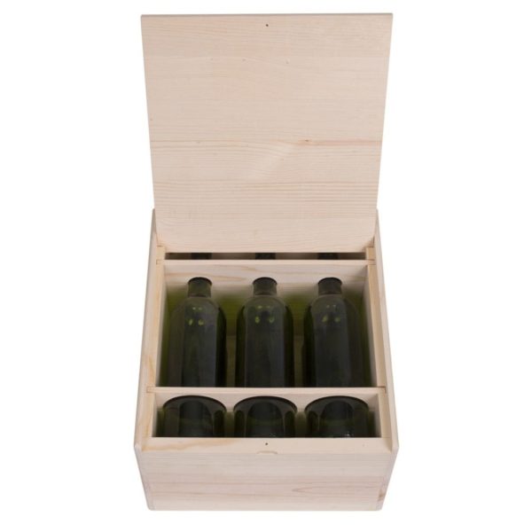 Premium 6 Bottles CUBE (2 x 3) Pinewood box with FLIP lid. USA sourced, FSC Certified Pinewood. Thickness 1/2". Pine wood Flip Lid.Nails assembly. Rounded edges . Wooden guillotine dividers. Printing: 3 (1 color) silkscreen or fire branding on Lid ( 2 sides) and Front INSIDE DIMENSIONS: 12-1/4" L x 10-1/8" W x 7-1/16" H OUTSIDE DIMENSIONS: 13-3/4" L x 11-5/8' W x 7-7/8"