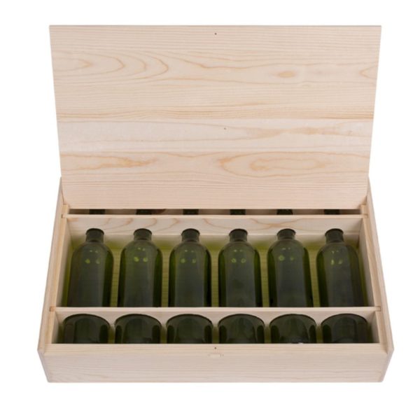 Premium 6 Bottles FLAT ( 1x6) Pinewood box with FLIP lid. USA sourced, FSC Certified Pinewood. Thickness 1/2". Pine wood Flip Lid.Nails assembly. Rounded edges . Wooden guillotine dividers. Printing: 3 (1 color) silkscreen or fire branding on Lid ( 2 sides) and Front INSIDE DIMENSIONS: 20-1/8" L x 12-1/4" W x 3-3/4" H OUTSIDE DIMENSIONS: 21-5/8" L x 13-3/4" W x 4-1/2" H