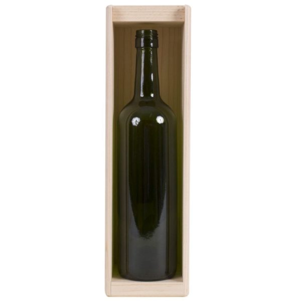 1 Premium Universal Bottle Pinewood box with sliding lid. USA sourced, FSC Certified Pinewood. Thickness 1/2". Pine wood Lid.Nails assembly. Rounded edges . Printing: 3 (1 color) silkscreen or fire branding on Lid and 2 sides INSIDE DIMENSIONS: 12-1/4" L x 3-3/8" W x 3-3/8" H OUTSIDE DIMENSIONS: 13-3/4" L x 4" W x 4-1/4" H