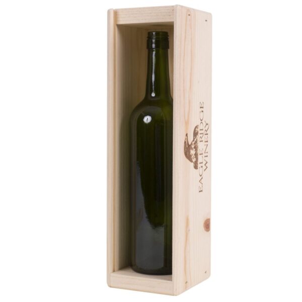 1 Premium Universal Bottle Pinewood box with sliding lid. USA sourced, FSC Certified Pinewood. Thickness 1/2". Pine wood Lid.Nails assembly. Rounded edges . Printing: 3 (1 color) silkscreen or fire branding on Lid and 2 sides INSIDE DIMENSIONS: 12-1/4" L x 3-3/8" W x 3-3/8" H OUTSIDE DIMENSIONS: 13-3/4" L x 4" W x 4-1/4" H