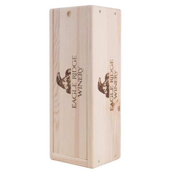 1 Premium Bottle Pinewood box with sliding lid. USA sourced, FSC Certified Pinewood. Thickness 1/2". Pine wood Lid.Nails assembly. Rounded edges . Wooden guillotine dividers. Printing: 3 (1 color) silkscreen or fire branding on Lid and 2 sides INSIDE DIMENSIONS: 12-1/4" L x 3-1/2" W x 3-3/4" H OUTSIDE DIMENSIONS: 13-3/4" L x 5" W x 4-1/2" H
