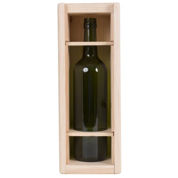 1 Premium Bottle Pinewood box with sliding lid. USA sourced, FSC Certified Pinewood. Thickness 1/2". Pine wood Lid.Nails assembly. Rounded edges . Wooden guillotine dividers. Printing: 3 (1 color) silkscreen or fire branding on Lid and 2 sides INSIDE DIMENSIONS: 12-1/4" L x 3-1/2" W x 3-3/4" H OUTSIDE DIMENSIONS: 13-3/4" L x 5" W x 4-1/2" H