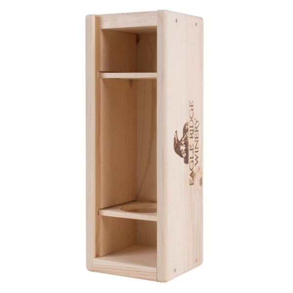 1 Premium Bottle Pinewood box with sliding lid. USA sourced, FSC Certified Pinewood. Thickness 1/2". Pine wood Lid.Nails assembly. Rounded edges . Wooden guillotine dividers. Printing: 3 (1 color) silkscreen or fire branding on Lid and 2 sides INSIDE DIMENSIONS: 12-1/4" L x 3-1/2" W x 3-3/4" H OUTSIDE DIMENSIONS: 13-3/4" L x 5" W x 4-1/2" H