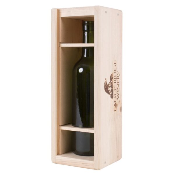 1 Premium Bottle Pinewood box with sliding lid. USA sourced, FSC Certified Pinewood. Thickness 1/2". Pine wood Lid.Nails assembly. Rounded edges . Wooden guillotine dividers. Printing: 3 (1 color) silkscreen or fire branding on Lid and 2 sides INSIDE DIMENSIONS: 12-1/4" L x 3-1/2" W x 3-3/4" H OUTSIDE DIMENSIONS: 13-3/4" L x 5" W x 4-1/2" H