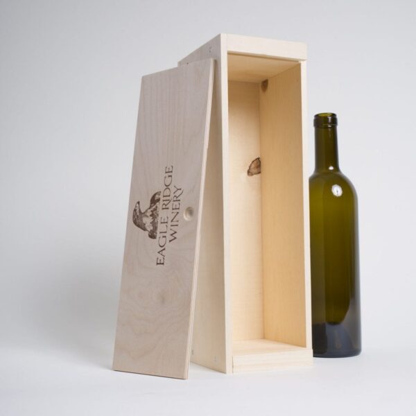 1 Bottle Pinewood box with horizontal sliding lid. USA sourced, FSC Certified Pinewood. Thickness 3/4". Birch plywood Lid. Nails assembly. Printing: One (1 color) silkscreen or fire branding on Lid INSIDE DIMENSIONS: 12-1/4" L X 3-3/8" W X 3-3/8" H OUTSIDE DIMENSIONS: 13-3/4" L X 4" W X 4-1/4" H