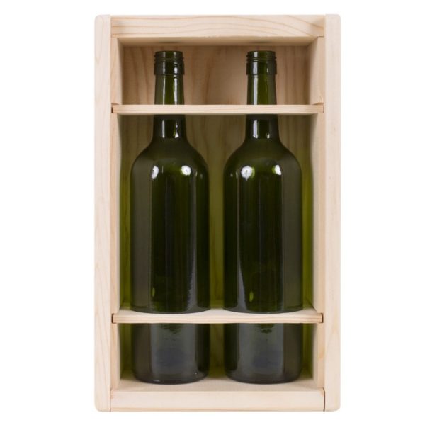 Premium 2 Bottles Pinewood box with sliding lid. USA sourced, FSC Certified Pinewood. Thickness 1/2". Pine wood Lid.Nails assembly. Rounded edges . Wooden guillotine dividers. Printing: 3 (1 color) silkscreen or fire branding on Lid and 2 sides INSIDE DIMENSIONS: 12-1/4" L x 7" W x 3-3/4" H OUTSIDE DIMENSIONS: 13-3/4" L x 8-1/2" W x 4-1/2" H