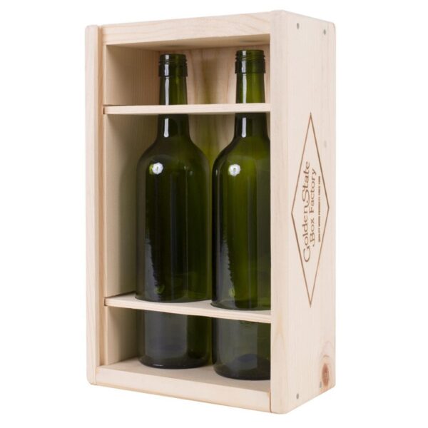 Premium 2 Bottles Pinewood box with sliding lid. USA sourced, FSC Certified Pinewood. Thickness 1/2". Pine wood Lid.Nails assembly. Rounded edges . Wooden guillotine dividers. Printing: 3 (1 color) silkscreen or fire branding on Lid and 2 sides INSIDE DIMENSIONS: 12-1/4" L x 7" W x 3-3/4" H OUTSIDE DIMENSIONS: 13-3/4" L x 8-1/2" W x 4-1/2" H