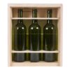 Premium 3 Bottles Pinewood box with sliding lid. USA sourced, FSC Certified Pinewood. Thickness 1/2". Pine wood Lid.Nails assembly. Rounded edges . Wooden guillotine dividers. Printing: 3 (1 color) silkscreen or fire branding on Lid and 2 sides INSIDE DIMENSIONS: 12-1/4" L x 10-1/2" W x 3-3/4" H OUTSIDE DIMENSIONS: 13-3/4" L x 12" W x 4-1/2" H