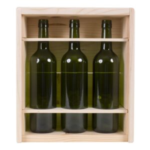 Premium 3 Bottles Pinewood box with sliding lid. USA sourced, FSC Certified Pinewood. Thickness 1/2". Pine wood Lid.Nails assembly. Rounded edges . Wooden guillotine dividers. Printing: 3 (1 color) silkscreen or fire branding on Lid and 2 sides INSIDE DIMENSIONS: 12-1/4" L x 10-1/2" W x 3-3/4" H OUTSIDE DIMENSIONS: 13-3/4" L x 12" W x 4-1/2" H