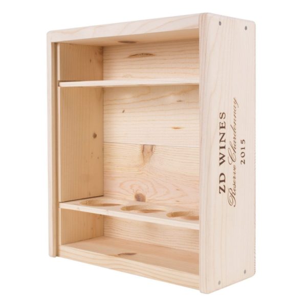 Premium 3 Bottles Pinewood box with sliding lid. USA sourced, FSC Certified Pinewood. Thickness 1/2". Pine wood Lid.Nails assembly. Rounded edges . Wooden guillotine dividers. Printing: 3 (1 color) silkscreen or fire branding on Lid and 2 sides INSIDE DIMENSIONS: 12-1/4" L x 10-1/2" W x 3-3/4" H OUTSIDE DIMENSIONS: 13-3/4" L x 12" W x 4-1/2" H
