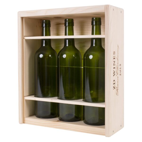 Premium 3 Bottles Pinewood box with sliding lid. USA sourced, FSC Certified Pinewood. Thickness 1/2". Pine wood Lid.Nails assembly. Rounded edges . Wooden guillotine dividers. Printing: 3 (1 color) silkscreen or fire branding on Lid and 2 sides INSIDE DIMENSIONS: 12-1/4" L x 10-1/2" W x 3-3/4" H OUTSIDE DIMENSIONS: 13-3/4" L x 12" W x 4-1/2" H