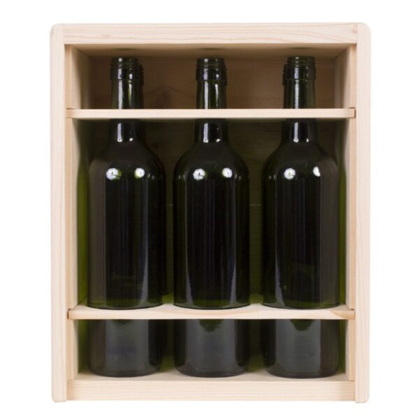 Premium 6 Bottles CUBE ( 2 x 3) Pinewood box with sliding lid. USA sourced, FSC Certified Pinewood. Thickness 1/2". Pine wood Lid.Nails assembly. Rounded edges . Wooden guillotine dividers. Printing: 3 (1 color) silkscreen or fire branding on Lid and 2 sides INSIDE DIMENSIONS: 12-1/4" L x 10-1/8" W x 7-1/16" H OUTSIDE DIMENSIONS: 13-3/4" L x 11-5/8' W x 7-7/8"