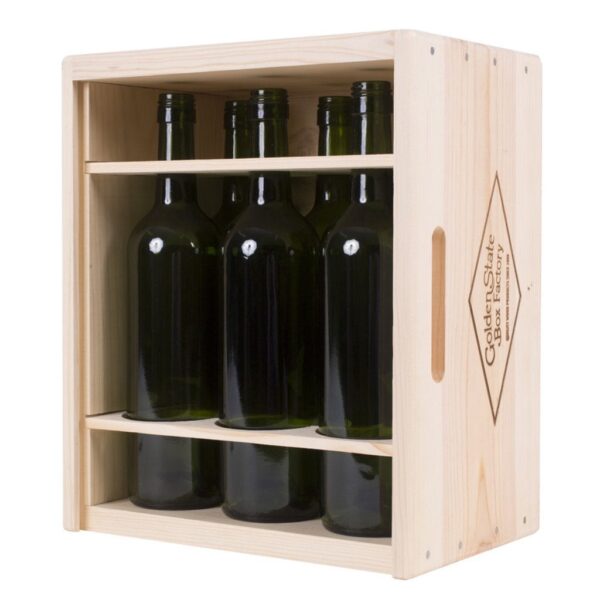 Premium 6 Bottles CUBE ( 2 x 3) Pinewood box with sliding lid. USA sourced, FSC Certified Pinewood. Thickness 1/2". Pine wood Lid.Nails assembly. Rounded edges . Wooden guillotine dividers. Printing: 3 (1 color) silkscreen or fire branding on Lid and 2 sides INSIDE DIMENSIONS: 12-1/4" L x 10-1/8" W x 7-1/16" H OUTSIDE DIMENSIONS: 13-3/4" L x 11-5/8' W x 7-7/8"