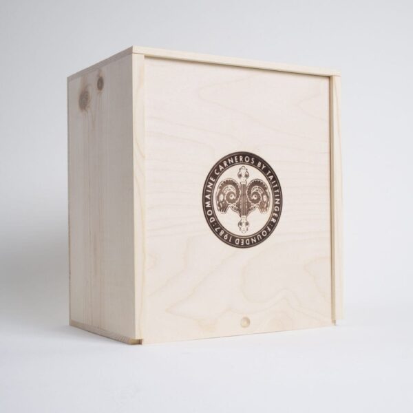 6 Bottles CUBE ( 2 x3 ) Pinewood box with sliding lid and wooden guillotines dividers. USA sourced, FSC Certified Pinewood. Thickness 3/4". Birch plywood Lid . Nails assembly. 3 Printing: One ( 1 color ) silkscreen) or fire branding on Lid and 2 sides INSIDE DIMENSIONS: 12-1/4" L x 10-1/8" W x 7-1/16" H OUTSIDE DIMENSIONS: 12-7/8" L x 11-5/8" W x 7-15/16" H