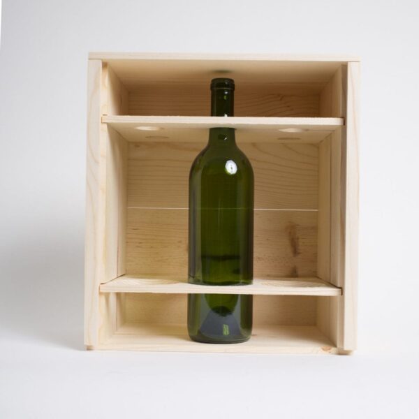 6 Bottles CUBE ( 2 x3 ) Pinewood box with sliding lid and wooden guillotines dividers. USA sourced, FSC Certified Pinewood. Thickness 3/4". Birch plywood Lid . Nails assembly. 3 Printing: One ( 1 color ) silkscreen) or fire branding on Lid and 2 sides INSIDE DIMENSIONS: 12-1/4" L x 10-1/8" W x 7-1/16" H OUTSIDE DIMENSIONS: 12-7/8" L x 11-5/8" W x 7-15/16" H