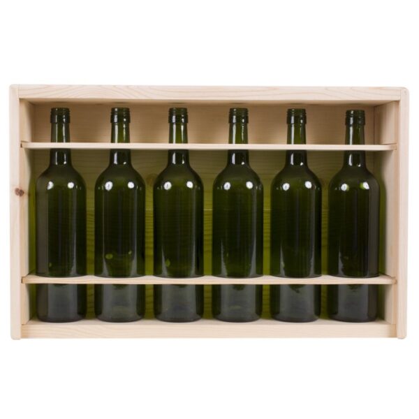 Premium 6 Bottles FLAT ( 1x6) Pinewood box with sliding lid. USA sourced, FSC Certified Pinewood. Thickness 1/2". Pine wood Lid.Nails assembly. Rounded edges . Wooden guillotine dividers. Printing: 3 (1 color) silkscreen or fire branding on Lid and 2 sides INSIDE DIMENSIONS: 20-1/8" L x 12-1/4" W x 3-3/4" H OUTSIDE DIMENSIONS: 21-9/16" L x 13-3/4" W x 4-1/2" H