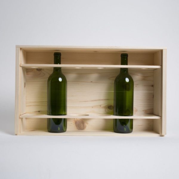 6 Bottles FLAT ( 1 x 6) Pinewood box with sliding lid and wooden guillotines dividers. USA sourced, FSC Certified Pinewood. Thickness 3/4". Birch plywood Lid . Nails assembly. Printing: One ( 1 color ) silkscreen) or fire branding on Lid INSIDE DIMENSIONS: 20-1/8" l x 12-1/4" W x 3-11/16" H OUTSIDE DIMENSIONS: 21-5/8" L x 12-7/8" W x 4-1/2" H