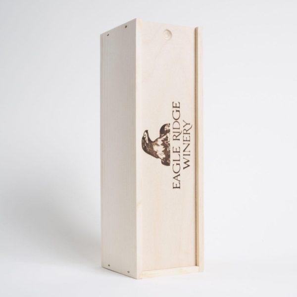 1 Bottle Pinewood box with vertical sliding lid. USA sourced, FSC Certified Pinewood. Thickness 3/4". Birch plywood Lid. Staples assembly. Printing: One (1 color) silkscreen or fire branding on Lid INSIDE DIMENSIONS: 12-1/4"L x 3-3/8" W X 3-3/8" H OUTSIDE DIMENSIONS: 13"L x 4" W x 4-1/4" H