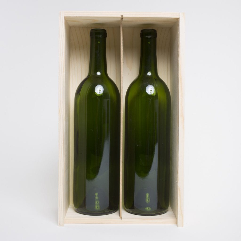 2 Bottle Pinewood box with vertical sliding lid and mobile plywood dividers. USA sourced, FSC Certified Pinewood. Thickness 3/4". Birch plywood Lid and dividers . Staples assembly. Printing: One ( 1 color ) silkscreen) orfire branding on Lid INSIDE DIMENSIONS: 12-1/4" L X 6-7/8" W X 3-3/8" H OUTSIDE DIMENSIONS: 13" L X 7-1/2" W X 4-1/4" H