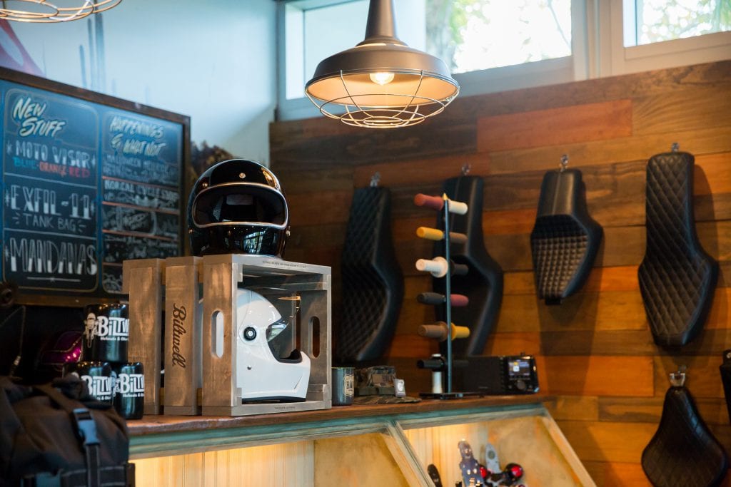 in store wooden retail display for black and white biltwell helmets - retail display crate