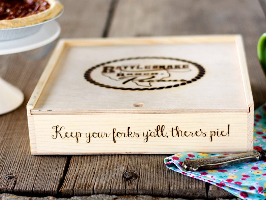 hot branded wooden pie box for Rattlesnake Ranch Pie - Pecan Pie Wooden Box