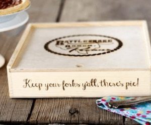 wooden pie box with hot branding for rattlesnake ranch pie company