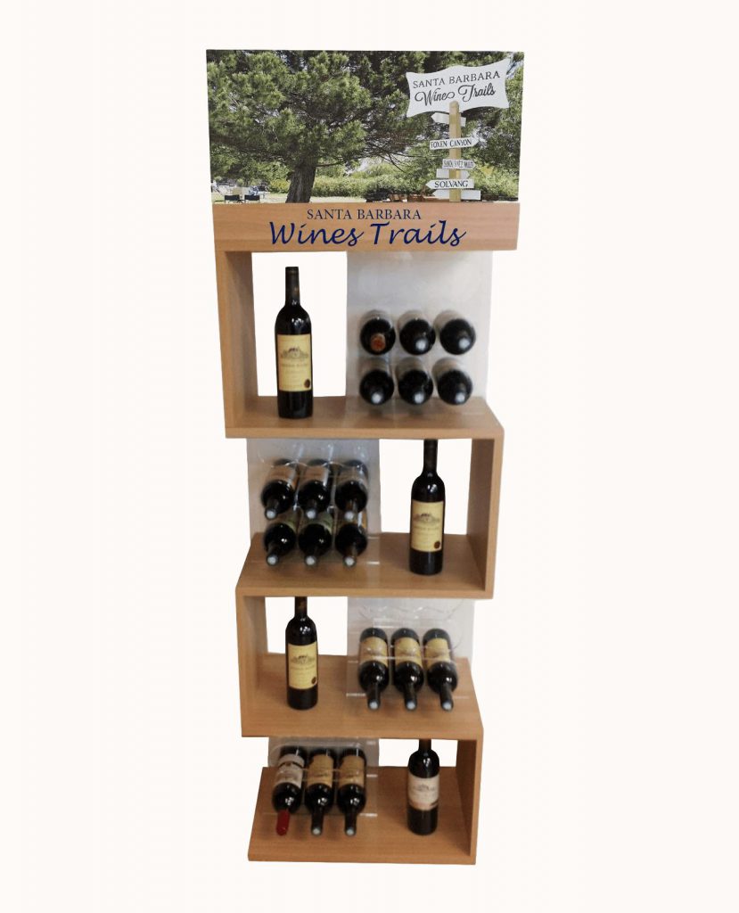permanent wooden retail display for wine and spirits - custom logo and finishes